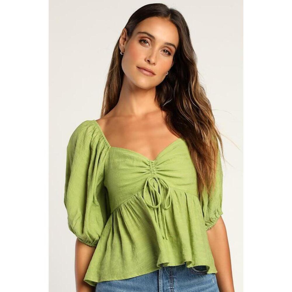 Lulus Sweetly Sentimental Green Ruched Puff Sleeve Top - Size M